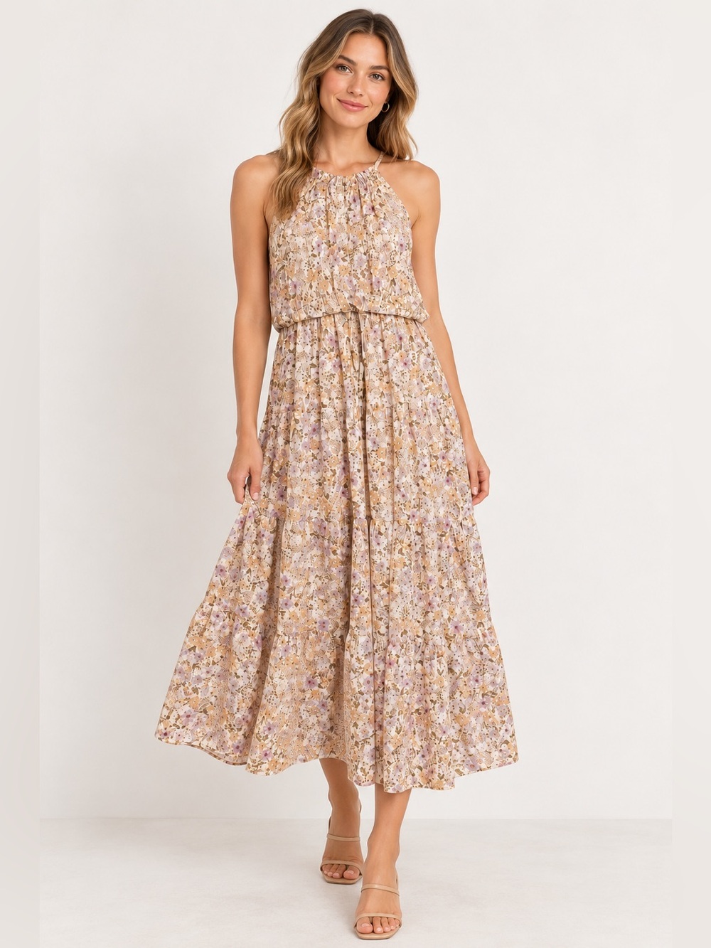 NWT Floral Midi Dress Women’s Medium Cream Yellow Pink Sleeveless Garden Party